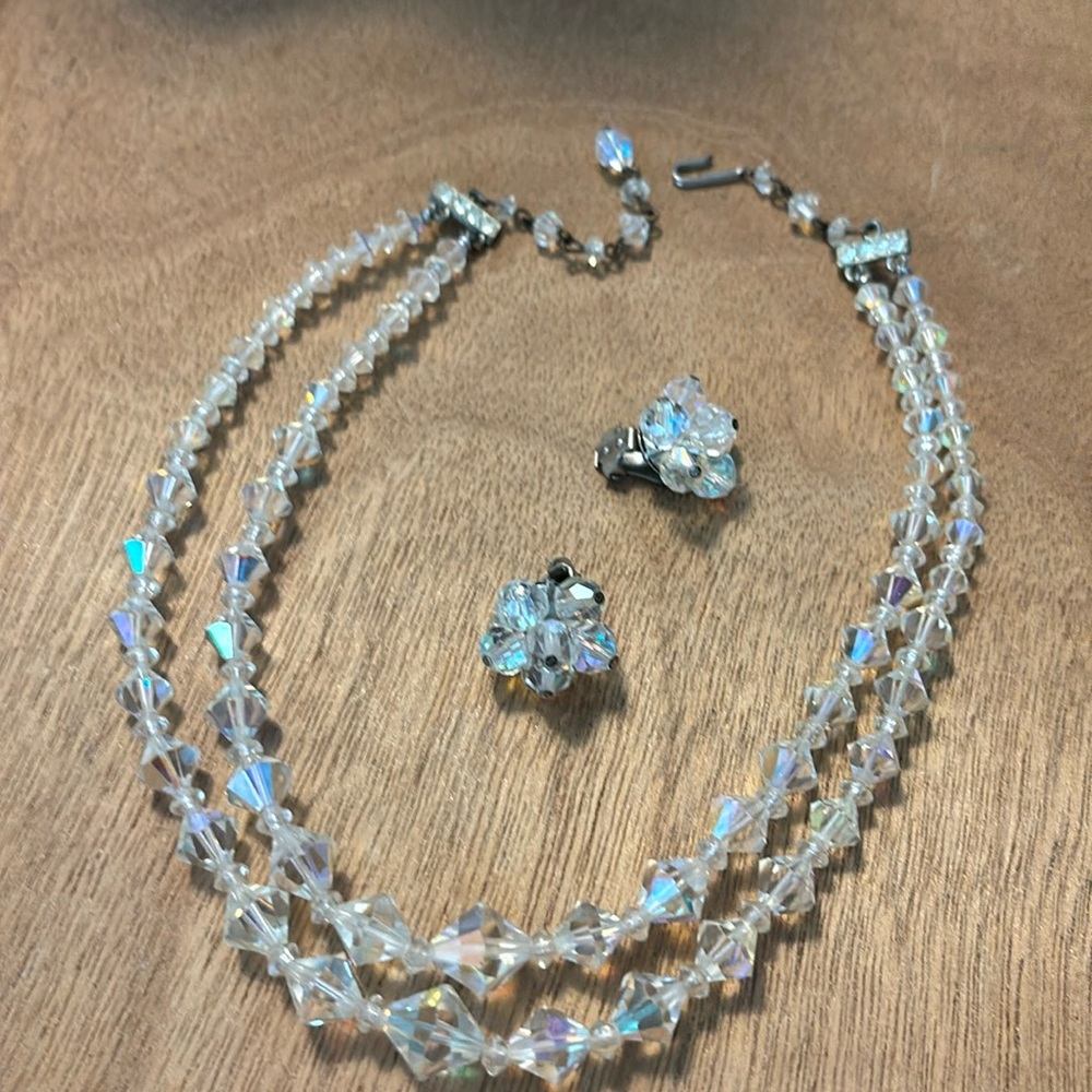 Aurora borealis vintage necklace and clipon earrings classic 1950’s set